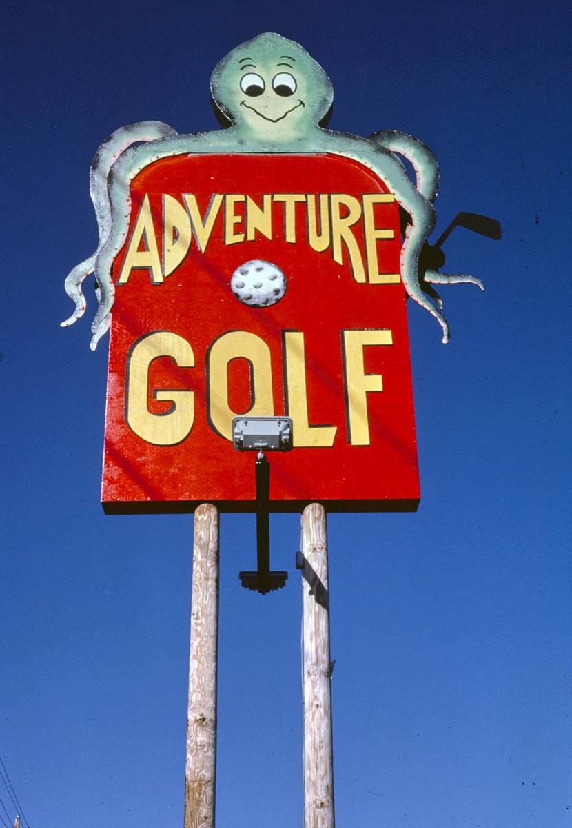 Historic Photo : 1984 Adventure Golf sign, Route 441, Pigeon Forge, Tennessee | Margolies | Roadside America Collection | Vintage Wall Art :