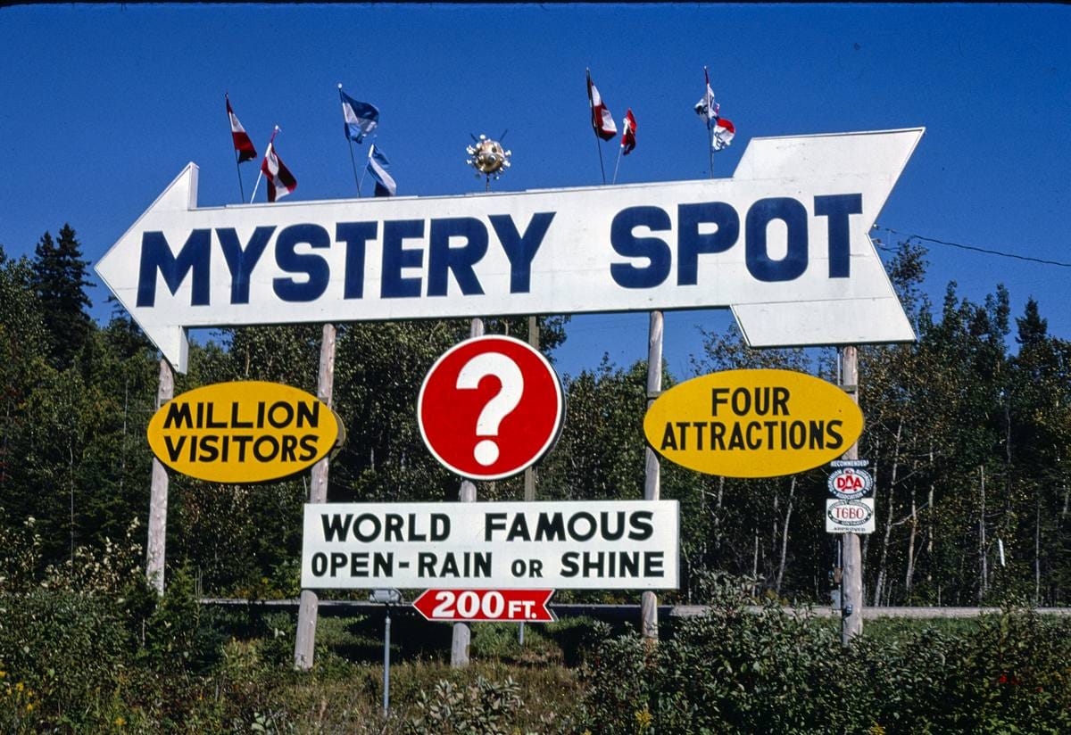 Historic Photo : 1980 Mystery Spot entrance, Saint Ignace, Michigan | Margolies | Roadside America Collection | Vintage Wall Art :