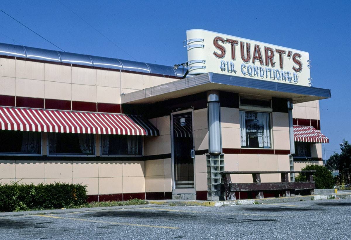 Historic Photo : 1984 Stuart's Restaurant & Cocktail Lounge, Worcester, Massachusetts | Margolies | Roadside America Collection | Vintage Wall Art :