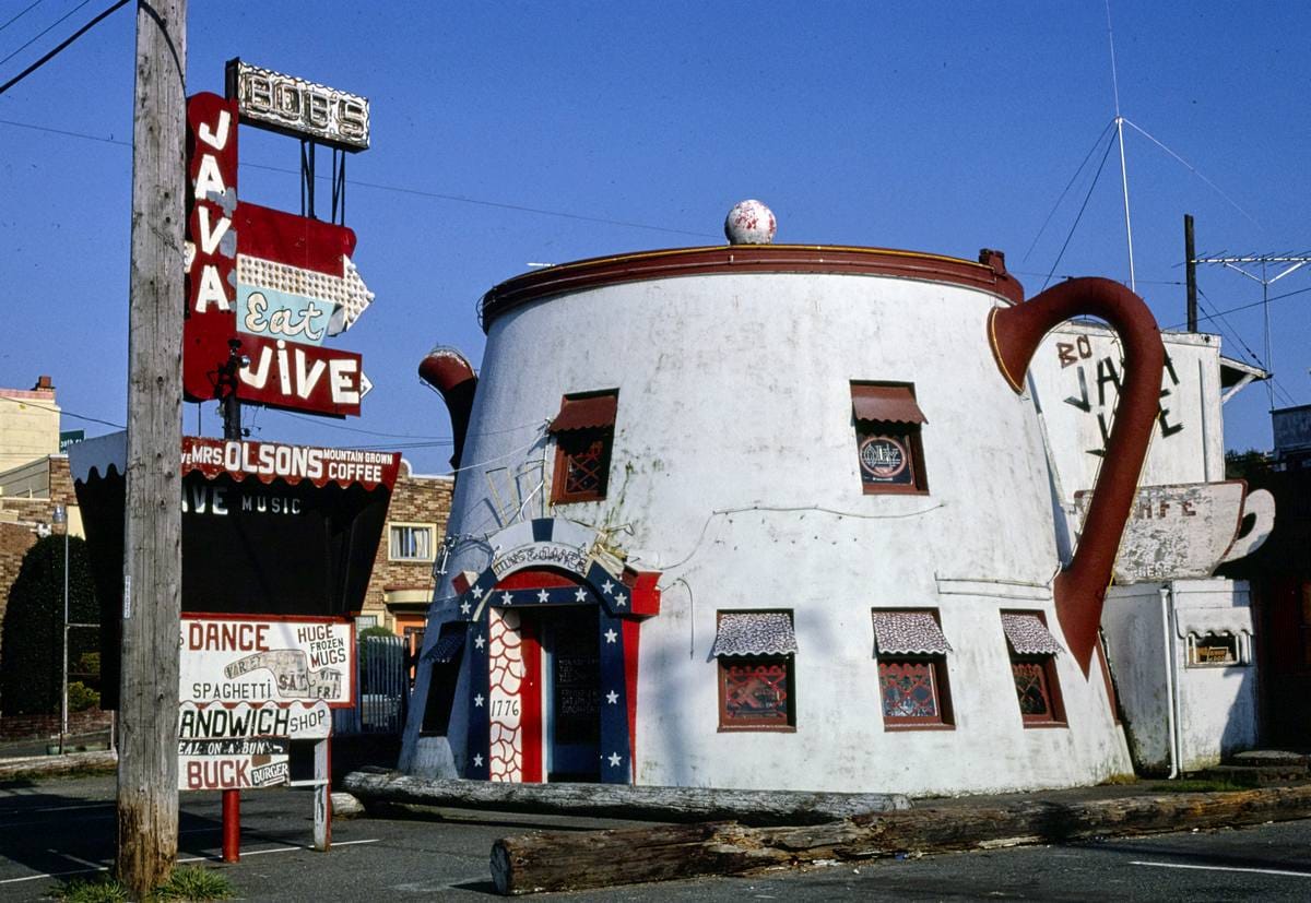 Historic Photo : 1980 Bob's Java Jive, Route 99, Tacoma, Washington | Margolies | Roadside America Collection | Vintage Wall Art :