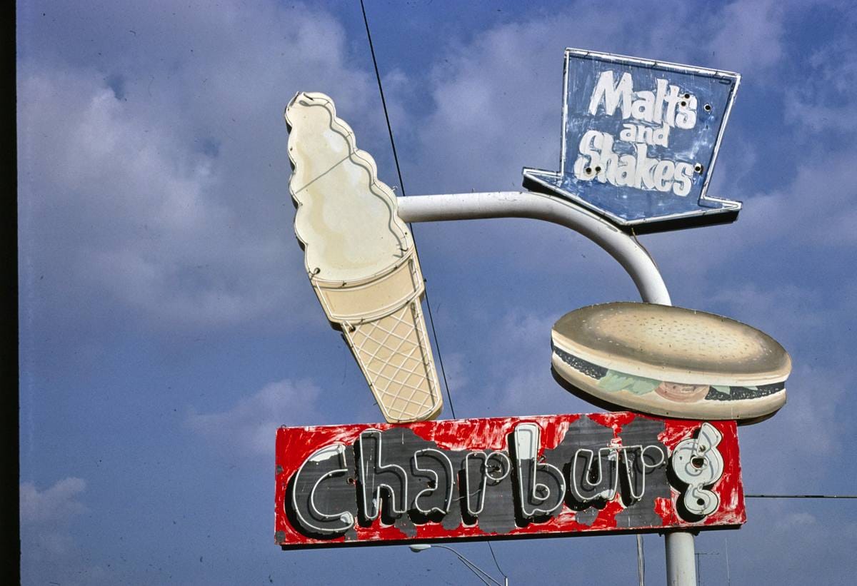 Historic Photo : 1979 Charburg ice cream sign, E. Main Street, Enid, Oklahoma | Margolies | Roadside America Collection | Vintage Wall Art :