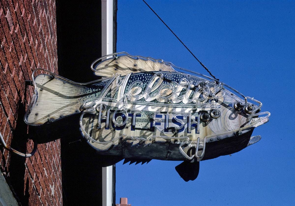 Historic Photo : 1988 Meletio's Hot Fish sign, Saint Louis, Missouri | Margolies | Roadside America Collection | Vintage Wall Art :