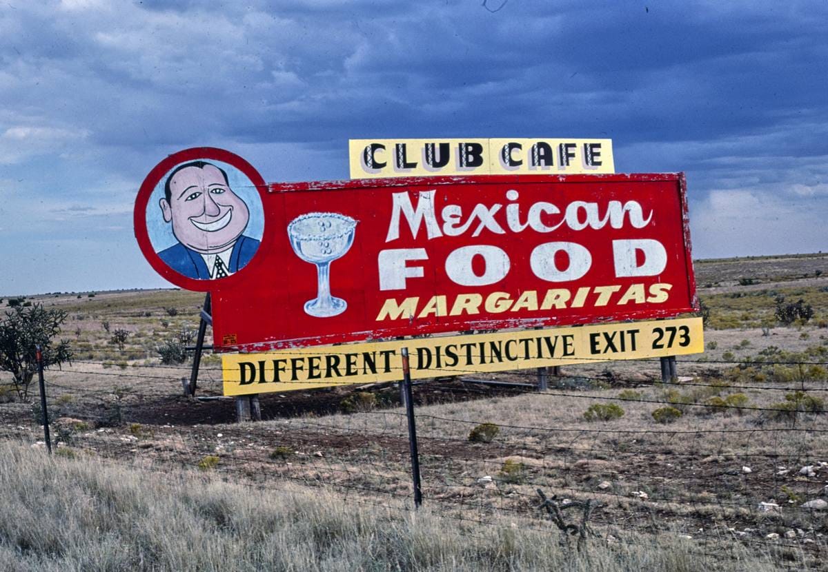 Historic Photo : 1987 Club Cafe Mexican Food sign near Santa Rosa, Santa Rosa, New Mexico | Margolies | Roadside America Collection | Vintage Wall Art :