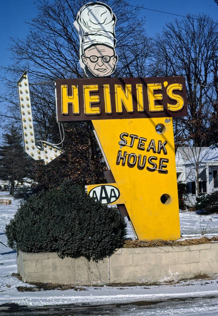 Historic Photo : 1984 Heine's Steak House sign, Springdale, Arkansas | Margolies | Roadside America Collection | Vintage Wall Art :
