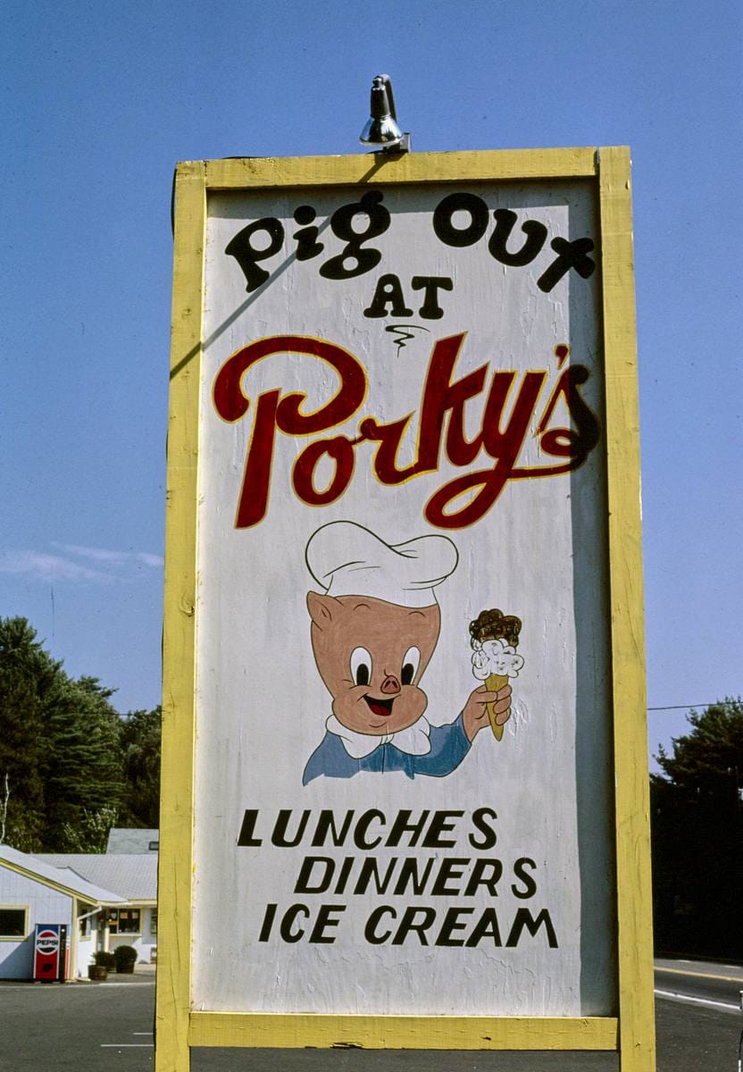 Historic Photo : 1984 Porky's Drive-in sign, Laconia, New Hampshire | Margolies | Roadside America Collection | Vintage Wall Art :