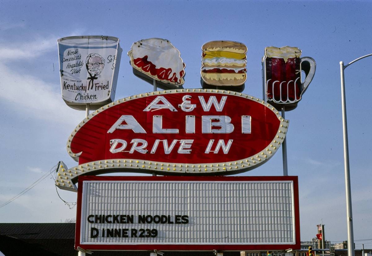 Historic Photo : 1980 A & W Drive-in sign, Anderson, Indiana | Margolies | Roadside America Collection | Vintage Wall Art :