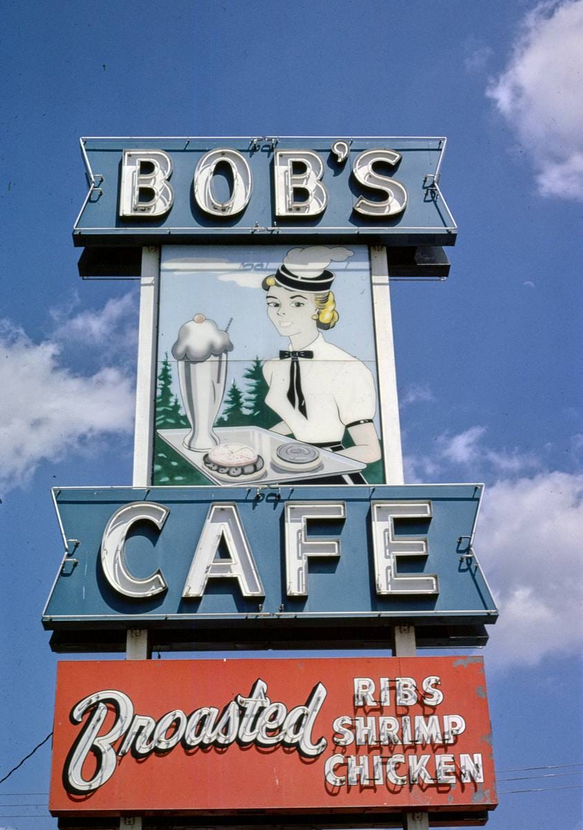 Historic Photo : 1980 Bob's Cafe sign, Sioux Falls, South Dakota | Margolies | Roadside America Collection | Vintage Wall Art :