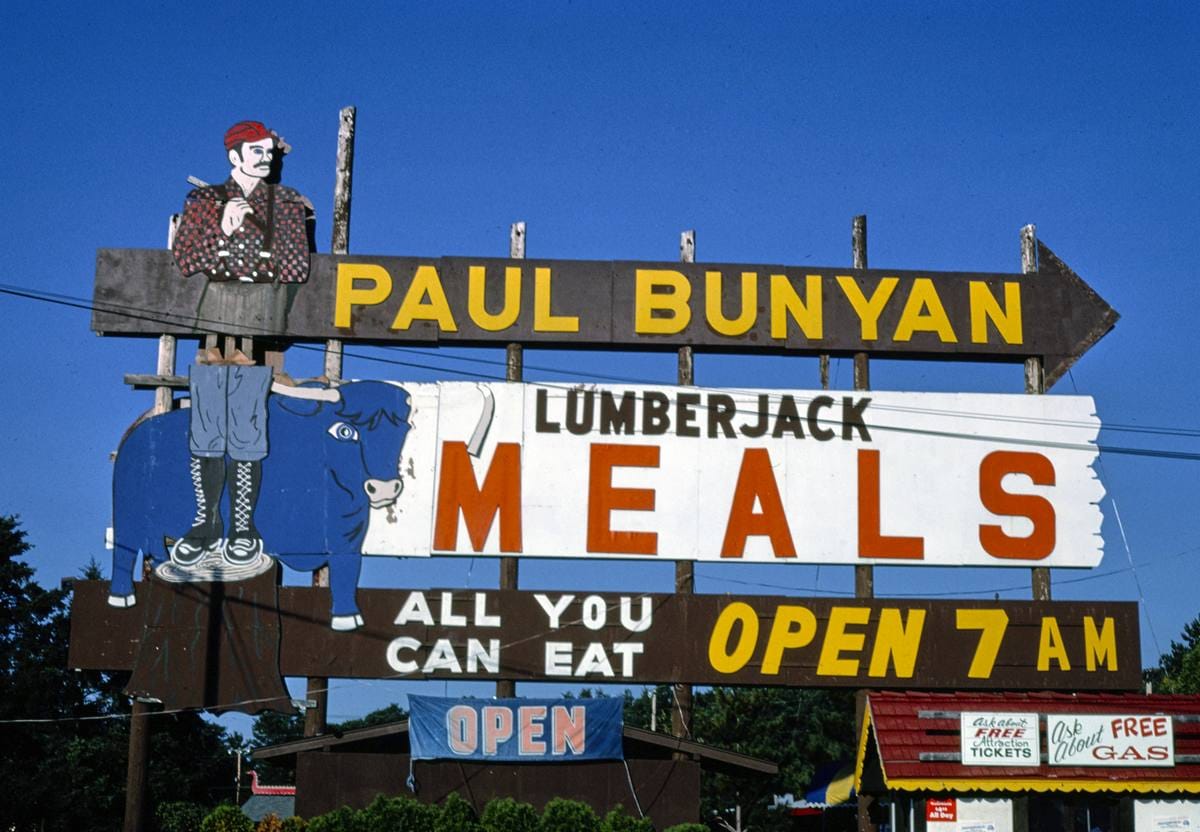 Historic Photo : 1988 Paul Bunyan Lumberjack Meals sign, Wisconsin Dells, Wisconsin | Margolies | Roadside America Collection | Vintage Wall Art :