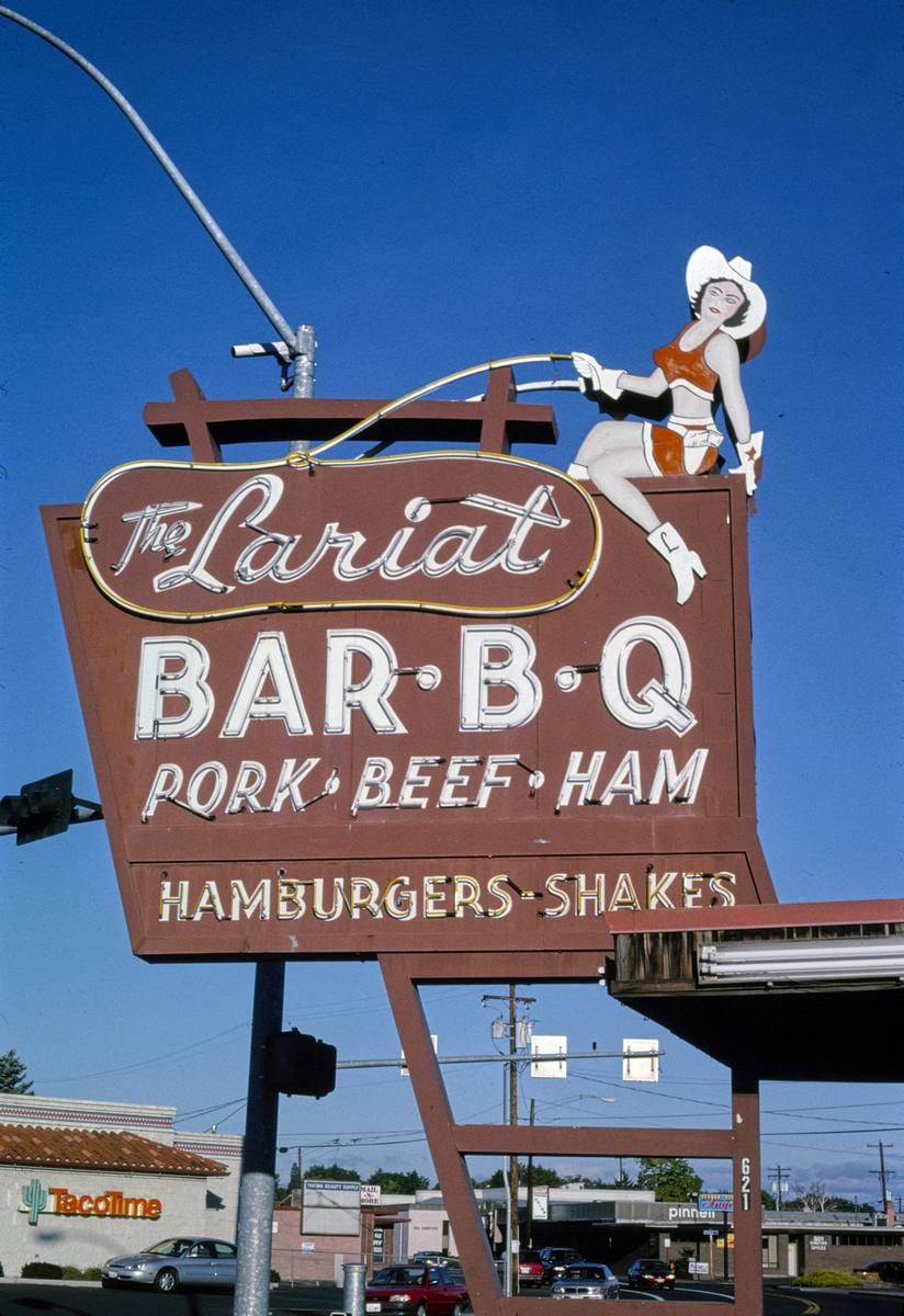 Historic Photo : 2003 The Lariat Bar-B-Q sign, Yakima, Washington | Margolies | Roadside America Collection | Vintage Wall Art :
