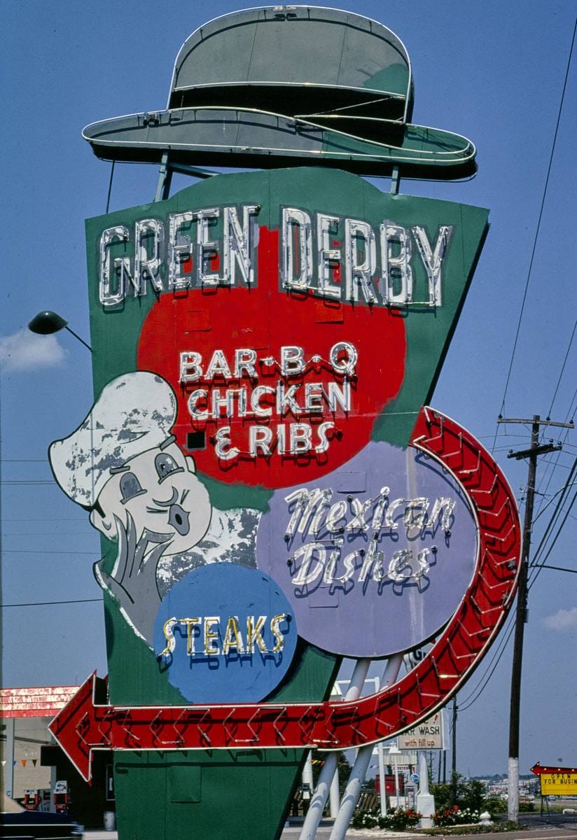 Historic Photo : 1982 Green Derby Restaurant sign, Jackson, Wisconsin | Margolies | Roadside America Collection | Vintage Wall Art :