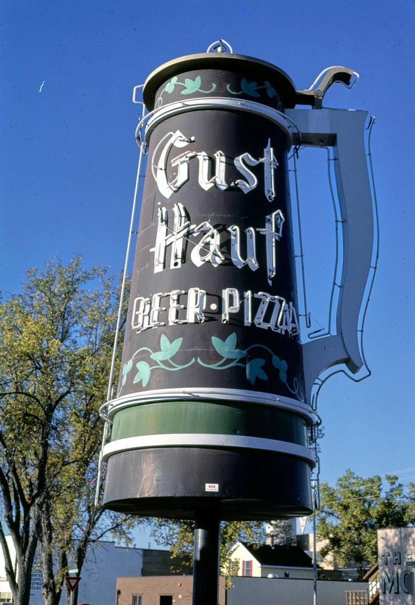 Historic Photo : 1987 Gust Half Beer-Pizza sign, Glendive, Montana | Margolies | Roadside America Collection | Vintage Wall Art :