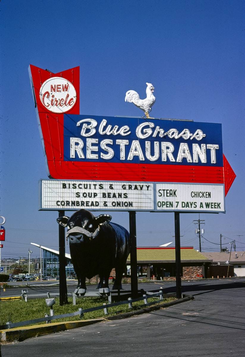 Historic Photo : 1979 Blue Grass Restaurant sign, Lexington, Kentucky | Margolies | Roadside America Collection | Vintage Wall Art :