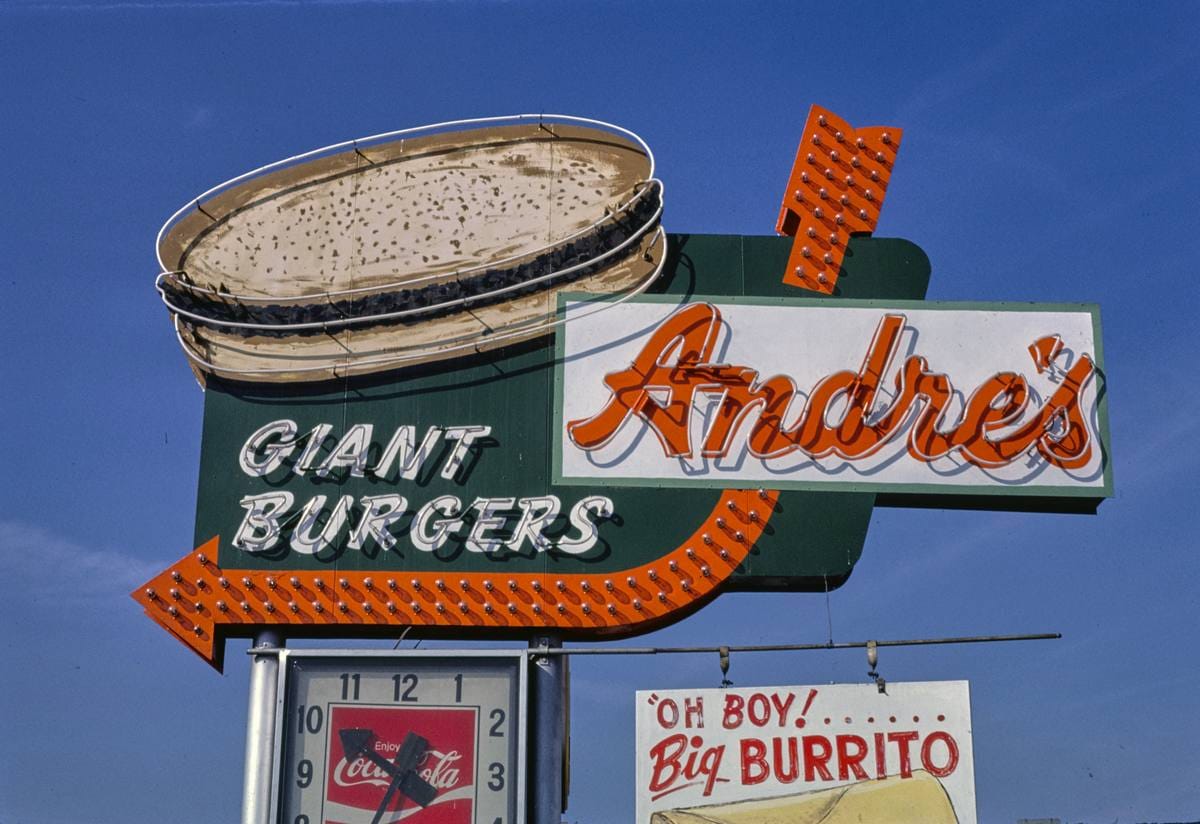 Historic Photo : 1987 Andre's Giant Burgers sign, Bakersfield, California | Margolies | Roadside America Collection | Vintage Wall Art :