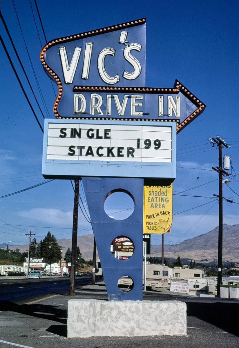 Historic Photo : 1987 Vic's Drive-in sign, Wenatchee, Washington | Margolies | Roadside America Collection | Vintage Wall Art :
