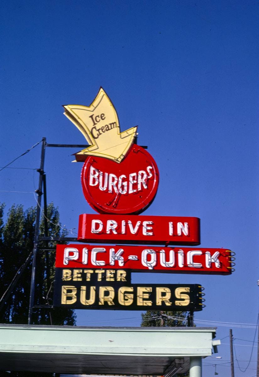 Historic Photo : 1987 Pick-Quick Burger sign, Fife, Washington | Margolies | Roadside America Collection | Vintage Wall Art :