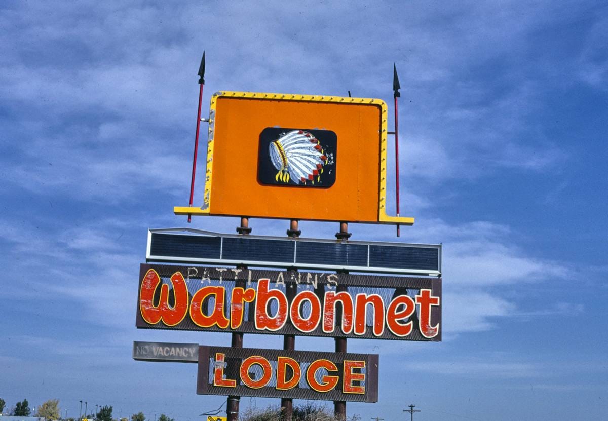 Historic Photo : 1987 Patti Ann's Warbonnet Lodge sign, Browning, Montana | Margolies | Roadside America Collection | Vintage Wall Art :