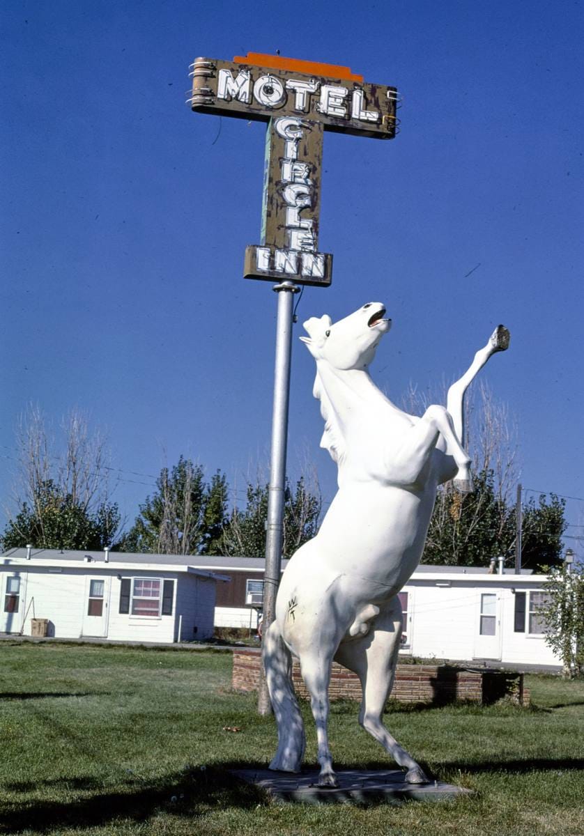 Historic Photo : 1987 Circle Inn Motel sign and statue, Havre, Montana | Margolies | Roadside America Collection | Vintage Wall Art :