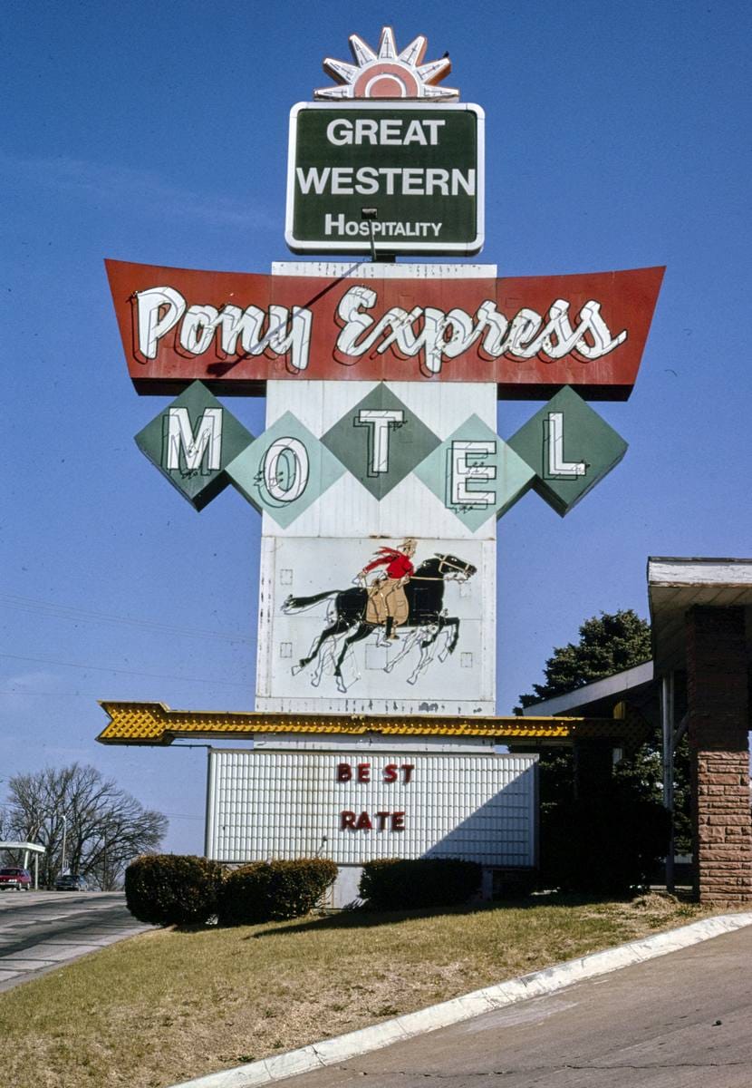 Historic Photo : 1996 Pony Express Motel sign, Saint Joseph, Missouri | Margolies | Roadside America Collection | Vintage Wall Art :