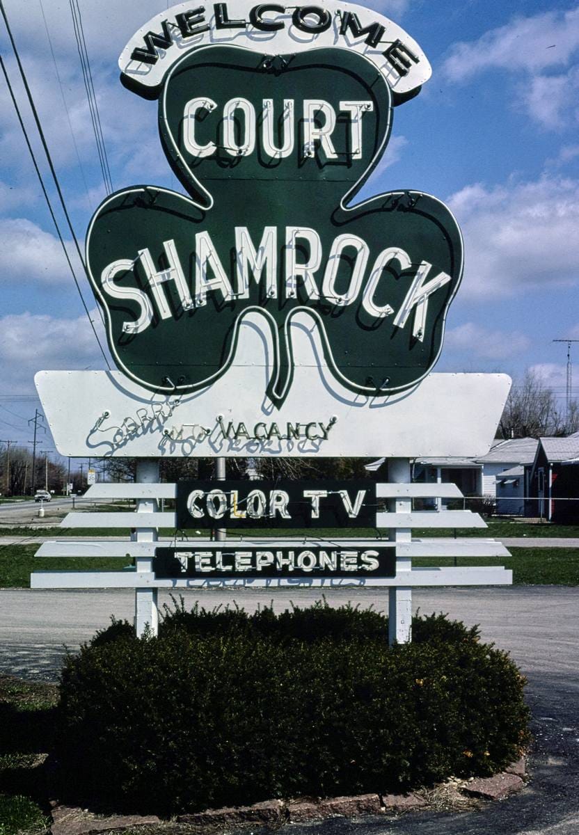 Historic Photo : 1980 Shamrock Court sign, Springfield, Illinois | Margolies | Roadside America Collection | Vintage Wall Art :