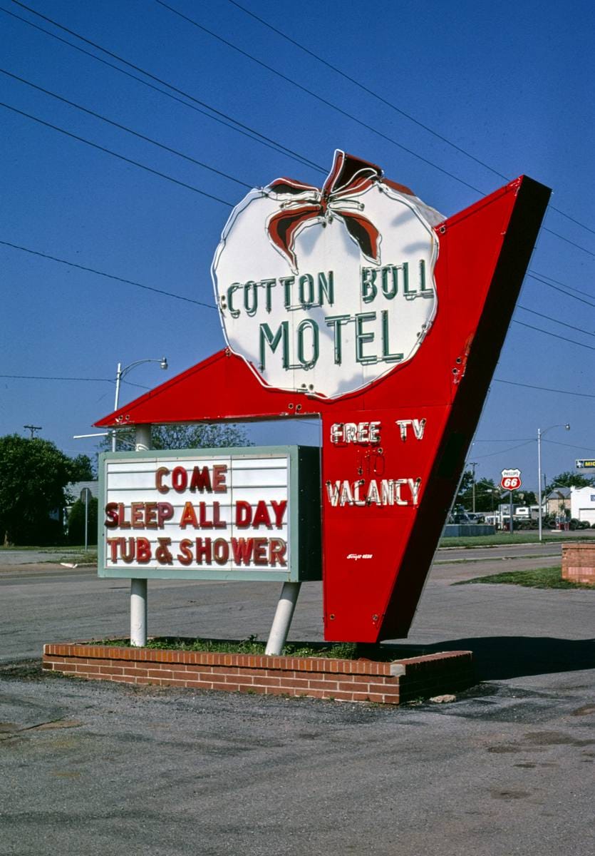 Historic Photo : 1982 Cotton Boll Motel sign, Canute, Oklahoma | Margolies | Roadside America Collection | Vintage Wall Art :