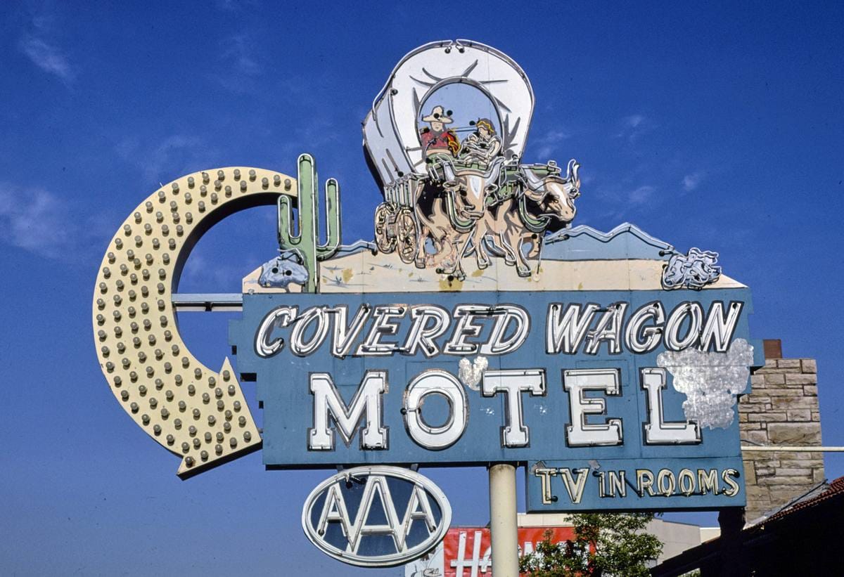 Historic Photo : 1980 Covered Wagon Motel sign, Salt Lake City, Utah | Margolies | Roadside America Collection | Vintage Wall Art :