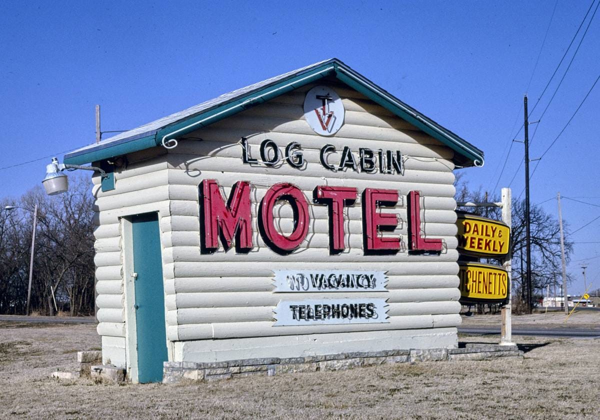 Historic Photo : 1996 Log Cabin Motel sign, Salina, Kansas | Margolies | Roadside America Collection | Vintage Wall Art :