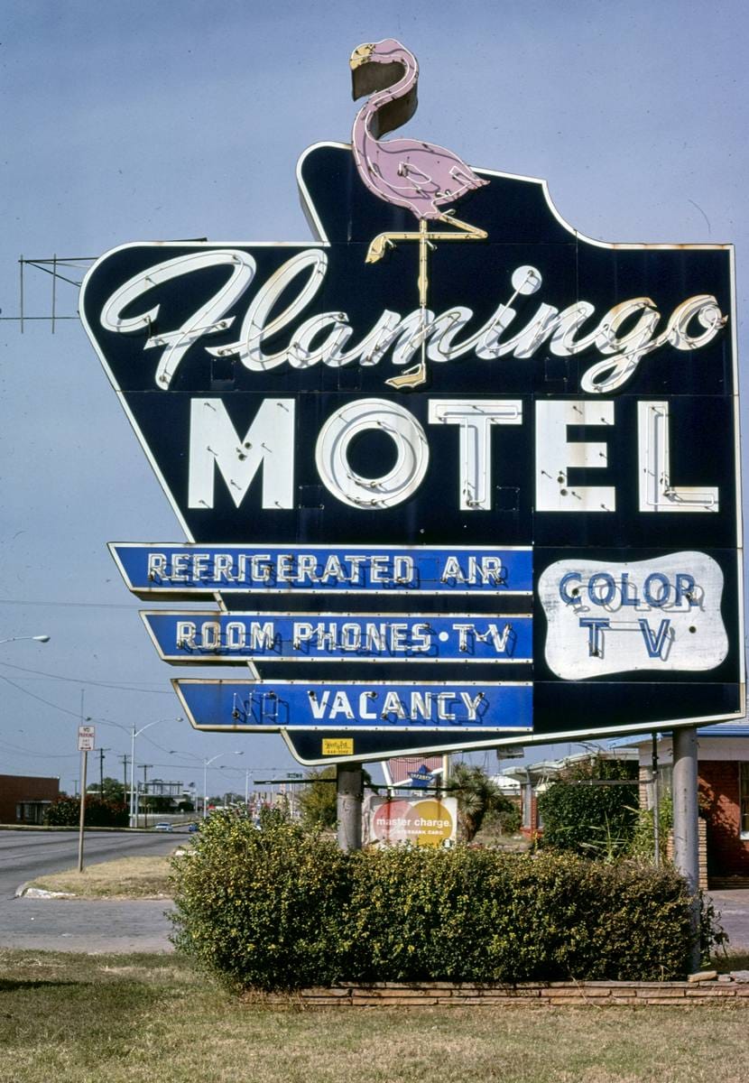 Historic Photo : 1979 Flamingo Motel sign, Oklahoma City, Oklahoma | Margolies | Roadside America Collection | Vintage Wall Art :