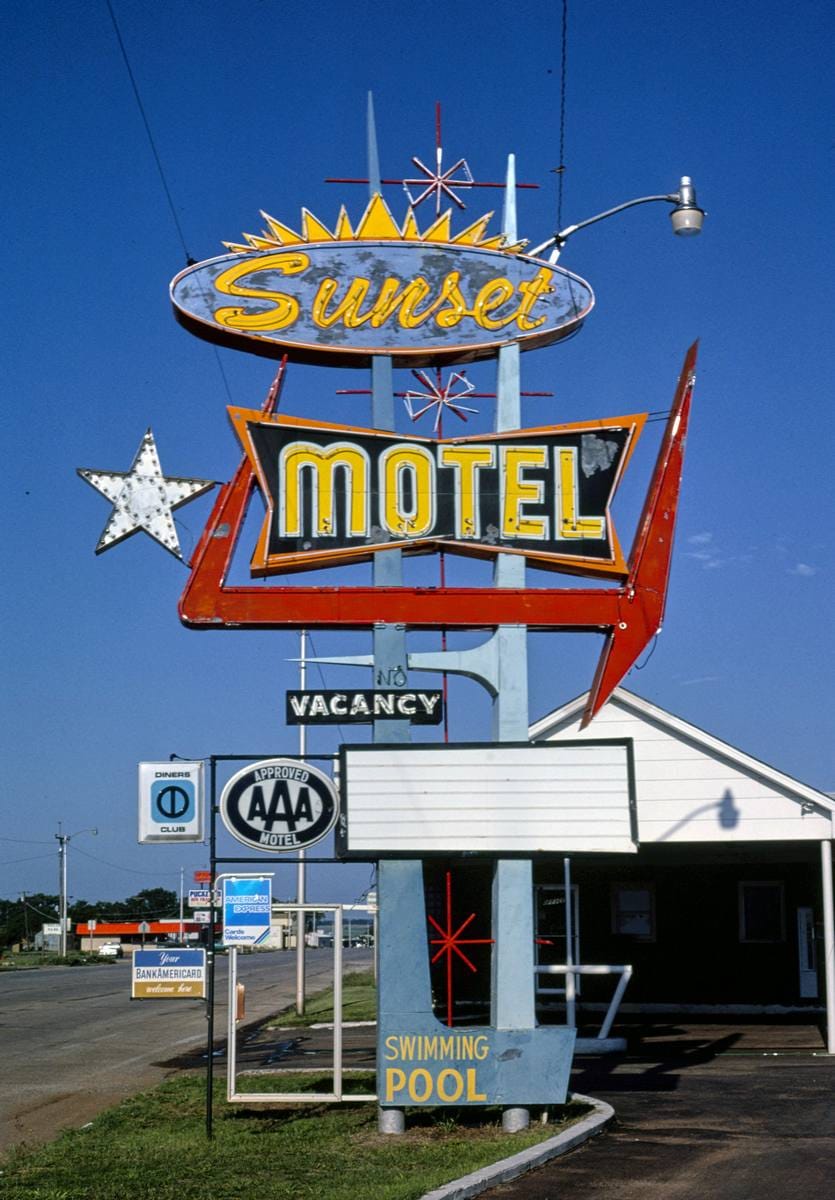 Historic Photo : 1982 Sunset Motel sign, Sayre, Oklahoma | Margolies | Roadside America Collection | Vintage Wall Art :