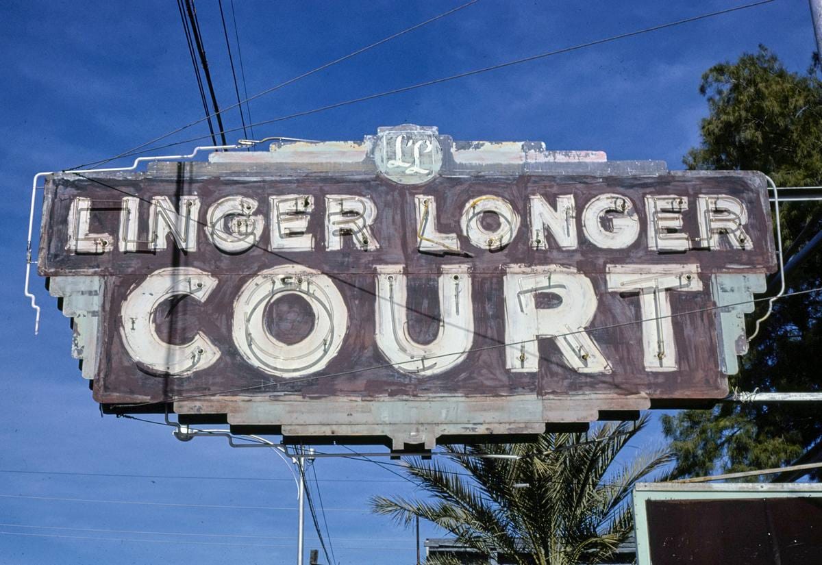Historic Photo : 1979 Linger Longer Court sign, Tucson, Arizona | Margolies | Roadside America Collection | Vintage Wall Art :