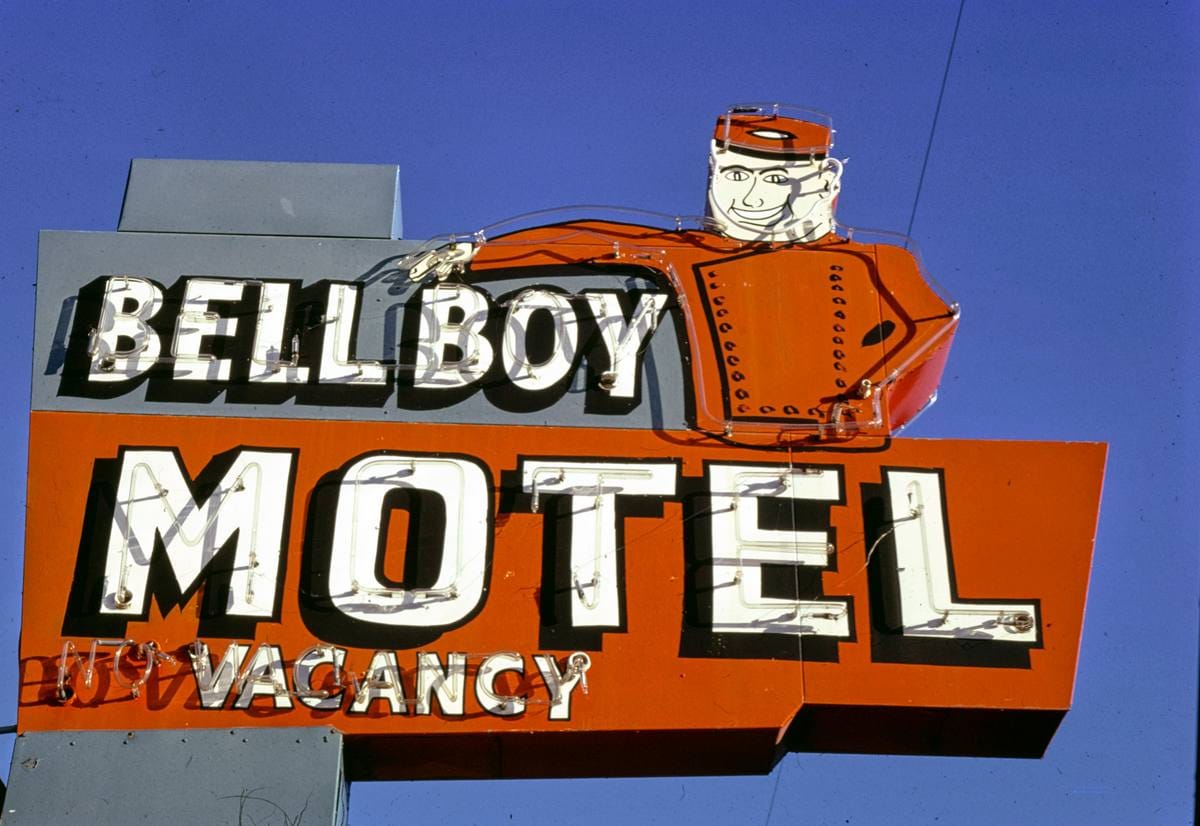 Historic Photo : 1979 Bell Boy Motel sign, Wichita, Kansas | Margolies | Roadside America Collection | Vintage Wall Art :