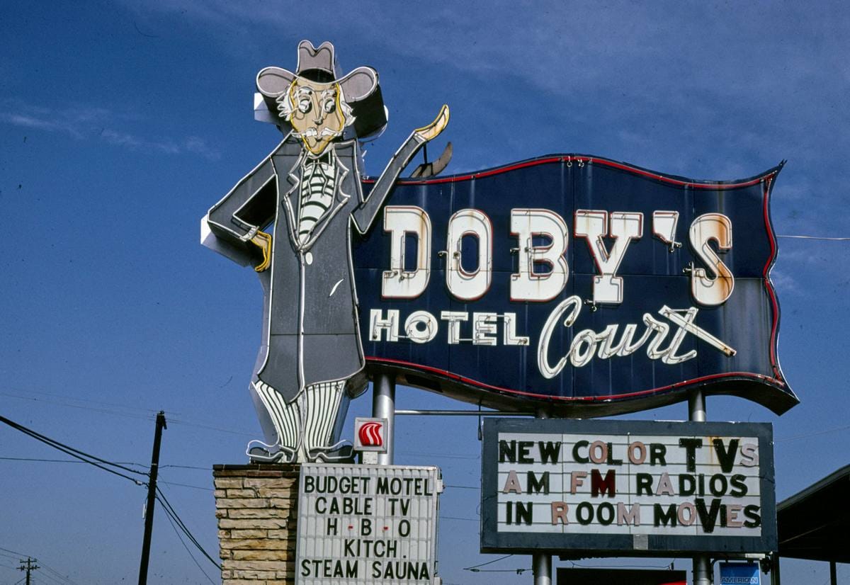 Historic Photo : 1984 Doby's Hotel Court sign, Montgomery, Alabama | Margolies | Roadside America Collection | Vintage Wall Art :
