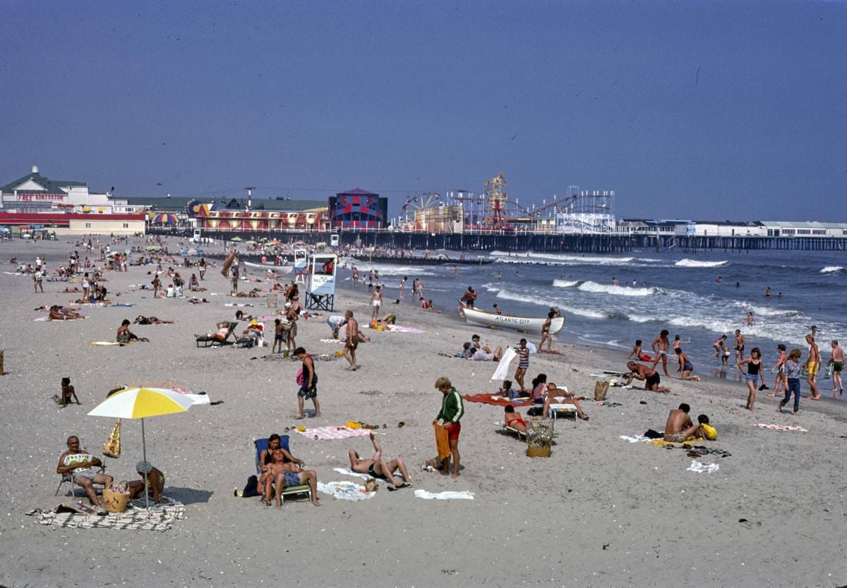 Historic Photo : 1978 Beach panorama with piers, Atlantic City, New Jersey | Margolies | Roadside America Collection | Vintage Wall Art :