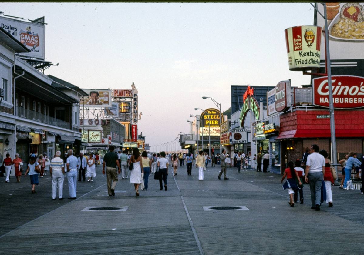 Historic Photo : 1978 Boardwalk at dusk, Atlantic City, New Jersey | Margolies | Roadside America Collection | Vintage Wall Art :