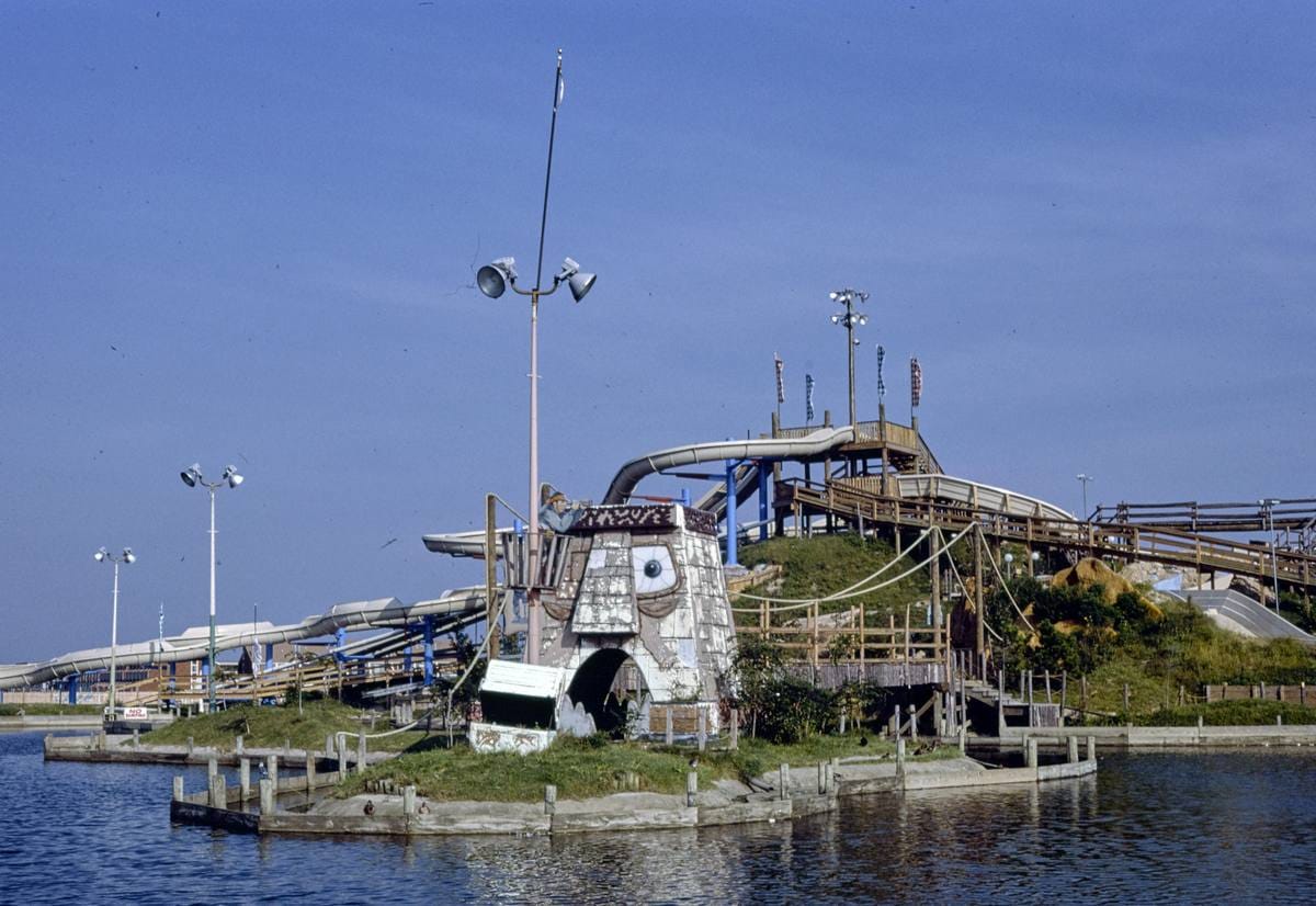 Historic Photo : 1985 Jolly Roger Amusement Park waterslide, Ocean City, Maryland | Margolies | Roadside America Collection | Vintage Wall Art :