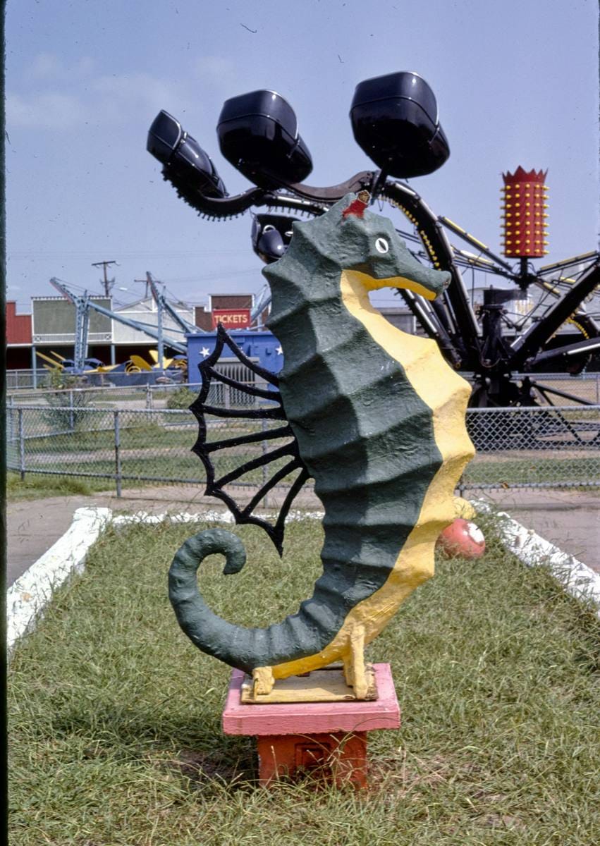 Historic Photo : 1985 Buchroe Beach Amusement Park seahorse statue, Hampton, Virginia | Margolies | Roadside America Collection | Vintage Wall Art :