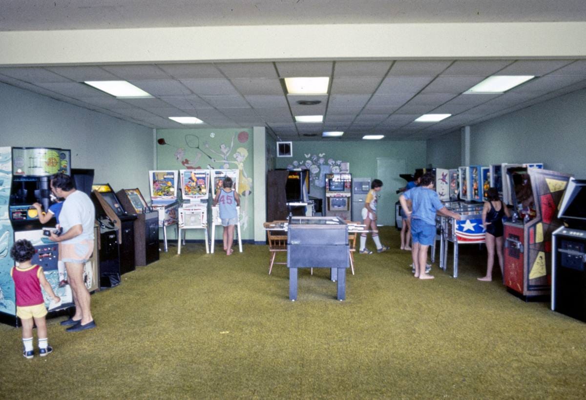 Historic Photo : 1977 Kutsher's pinball room, Thompson, New York | Margolies | Roadside America Collection | Vintage Wall Art :