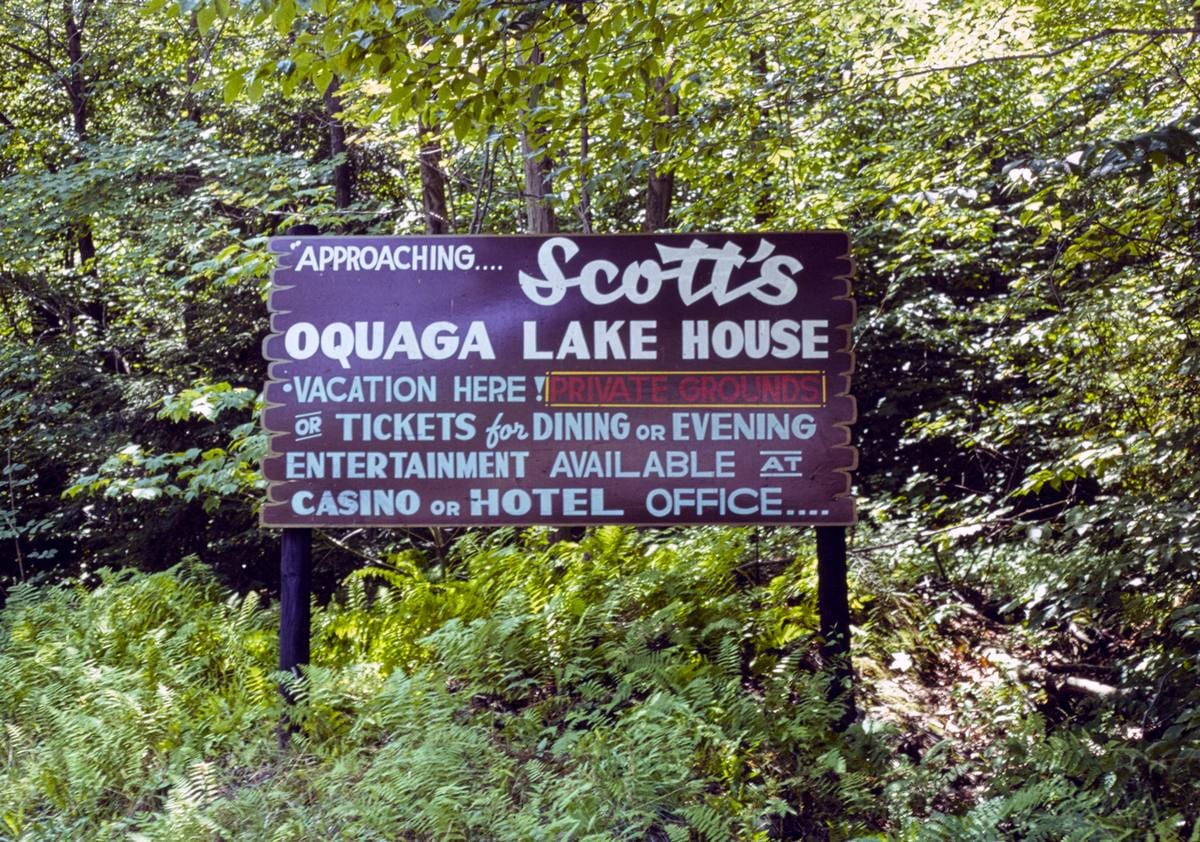 Historic Photo : [between 1972 and 1990] Scott's sign, Oquaga Lake, Deposit, New York | Margolies | Roadside America Collection | Vintage Wall Art :