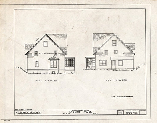 Blueprint 4. West and East Elevations - Russian-American Company Magazin, 101 Marine Way East, Kodiak, Kodiak Island Borough, AK