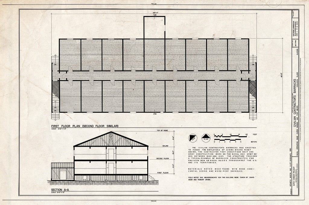 Blueprint HABS AK,1-UNAK,2-M- (Sheet 1 of 2) - Naval Operating Base Dutch Harbor & Fort Mears, Civilian Contractor`s Barracks, Unalaska, Aleutian Islands, AK