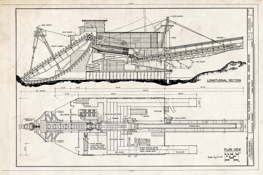 Blueprint Longitudinal Section, Plan View - Gold Placers Incorporated, Coal Creek Dredge, Near Coal Creek & Yukon River, Eagle, Southeast Fairbanks Census Area, AK