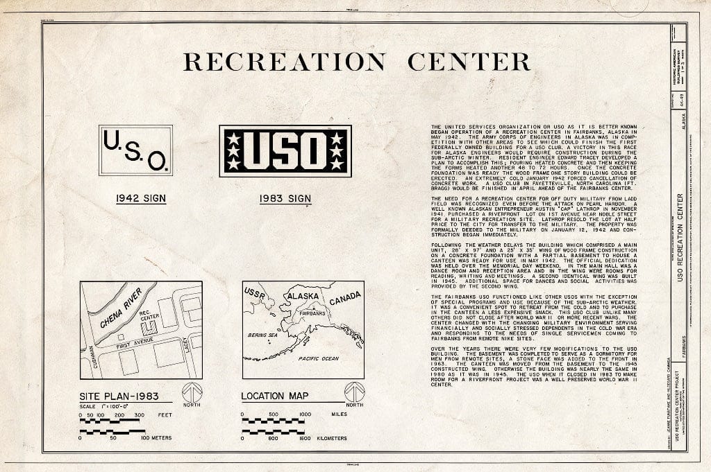 Blueprint HABS AK,6-FAIBA,2- (Sheet 1 of 3) - U.S.O. Recreation Center, First Avenue Between Lacey & Cushman Streets, Fairbanks, Fairbanks North Star Borough, AK
