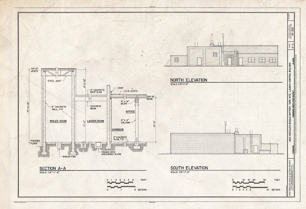 Blueprint Section A-A; North Elevation; South Elevation - Nike Hercules Missile Battery, Tare Site, Launch Control Building, Fairbanks, Fairbanks North Star Borough, AK