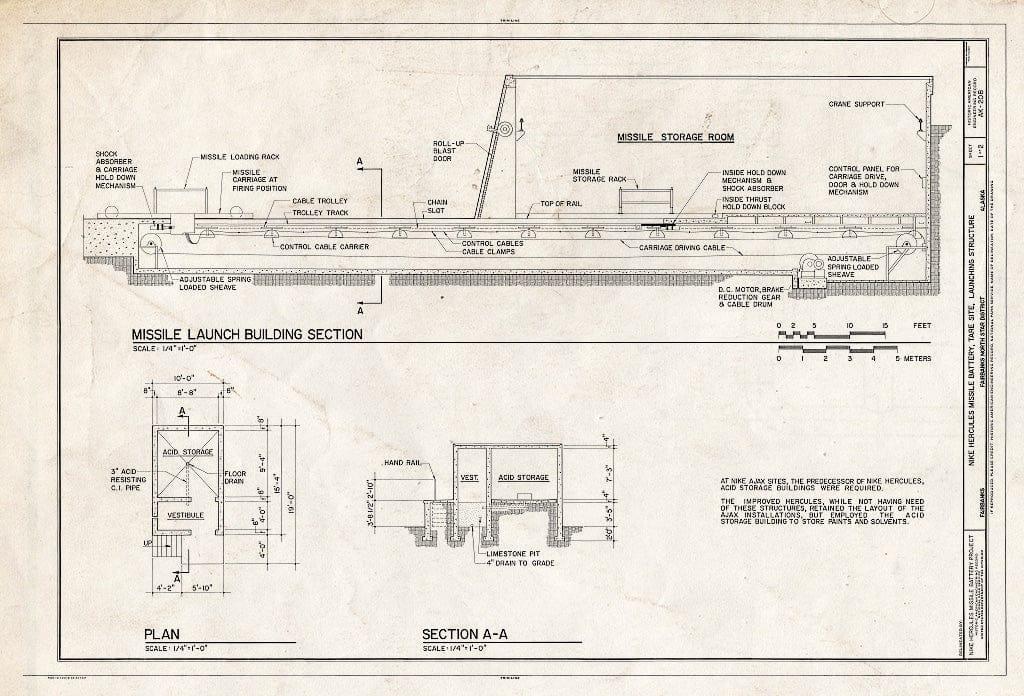 Blueprint Missile Launch Building Section; Plan; Section A-A - Nike Hercules Missile Battery, Tare Site, Launching Structure, Fairbanks, Fairbanks North Star Borough, AK