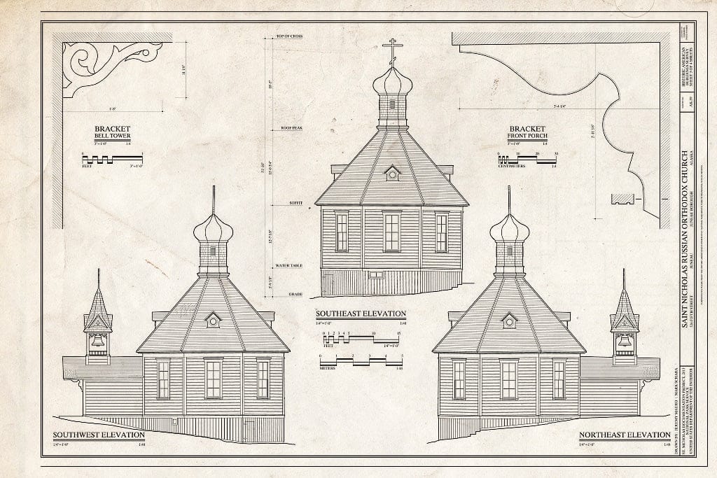 Blueprint Southwest, Southeast and Northeast Elevations, Bracket Details - St. Nicholas Russian Orthodox Church, 326 Fifth Street, Juneau, Juneau Borough, AK