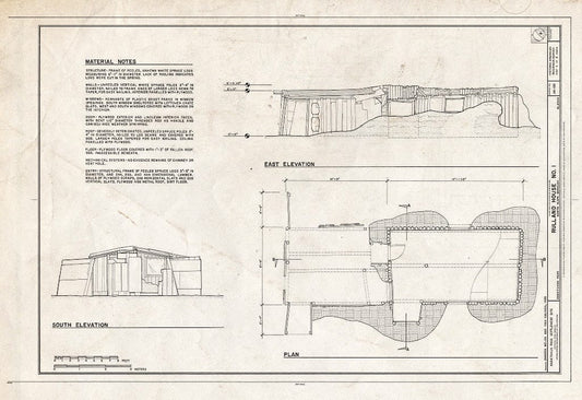 Blueprint 1. Plan, South and East elevations, Material Notes - Rulland House No. 1, 223 Airport Road, Anaktuvuk Pass, North Slope Borough, AK