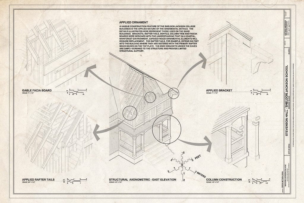 Blueprint Structural Axonometric, East Elevation - Sheldon Jackson College, Stevenson Hall, Baranof Island, Sitka, Sitka Borough, AK