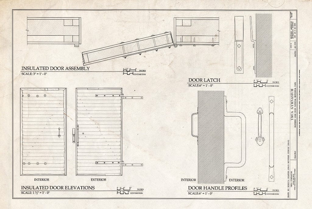 Blueprint Insulated Door Assembly, Insulated Door Elevations, Door Latch, and Door Handle Profiles - YMCA Gymnasium, 475 State Street, Skagway, Skagway, AK