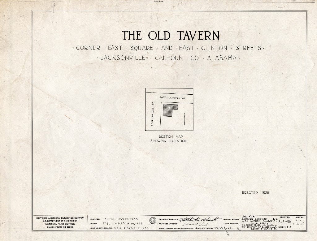 Blueprint HABS ALA,8-JACVI,1- (Sheet 0 of 4) - Old Tavern, East Clinton & East Square Streets, Jacksonville, Calhoun County, AL
