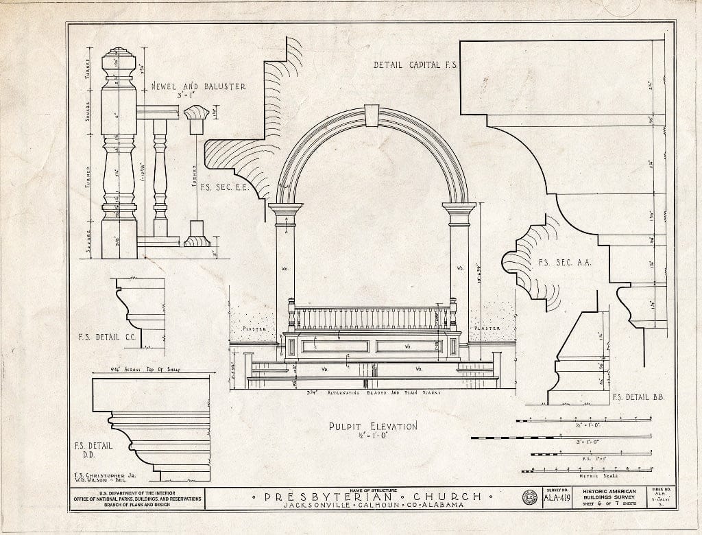 Blueprint HABS ALA,8-JACVI,3- (Sheet 6 of 7) - Presbyterian Church, North Chinabee & East Clinton Streets, Jacksonville, Calhoun County, AL