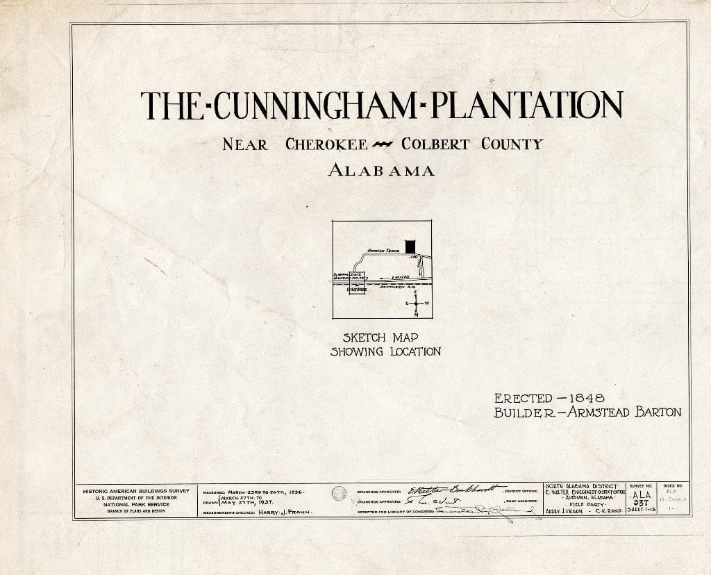 Blueprint HABS ALA,17-Cher.V,1- (Sheet 0 of 13) - Cunningham Plantation, Old Memphis Road (Gaines Trace Road), Cherokee, Colbert County, AL